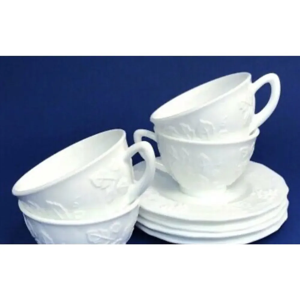 Vintage Indiana Milk Glass Cups & Saucers Colony Harvest Grapes Farmhouse Set 5